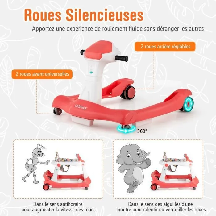 COSTWAY Trotteur Bébé Pliable Musical 2 en 1 Hauteur et Vitesse Réglables Effet Sonore avec Lumières Coussin de Siège Lavable Rose-3