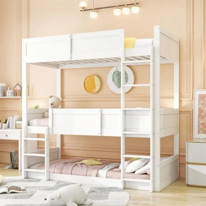 Lit superposé triple 90x200cm - MARQUE - Bois massif - 3 places - Design sécurisé - Blanc-0