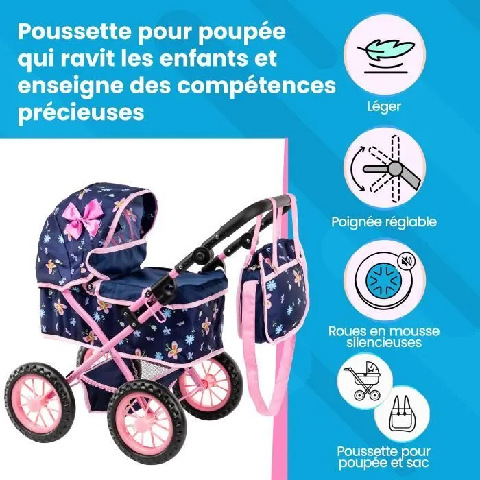 Poussette Poupee Kinderplay - Poussette Landeau Bebe pour Poupée - Poignée Réglable - Roues en Mousse-1