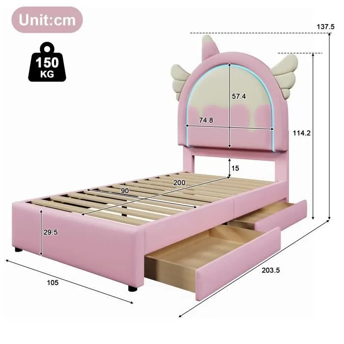 Lit enfant - Licorne - 90x200cm - 2 tiroirs - Sommier à lattes - LED rose-3