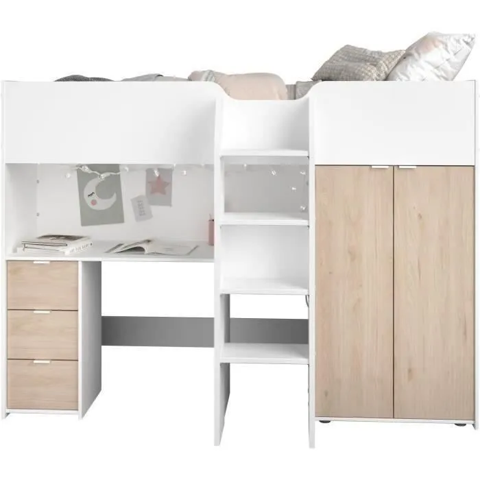 Lit combiné mezzanine enfant - TOM - Blanc et chêne - Armoire, bureau et sommier inclus-2