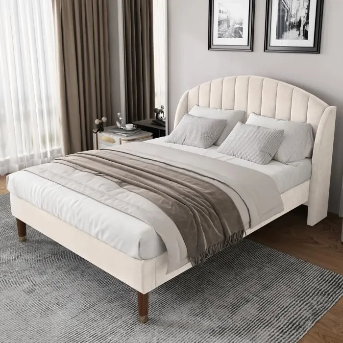 Lit double 140x190cm avec sommier à lattes en bois et tête de lit, lit ado, lit enfant - lit en velours beige-0