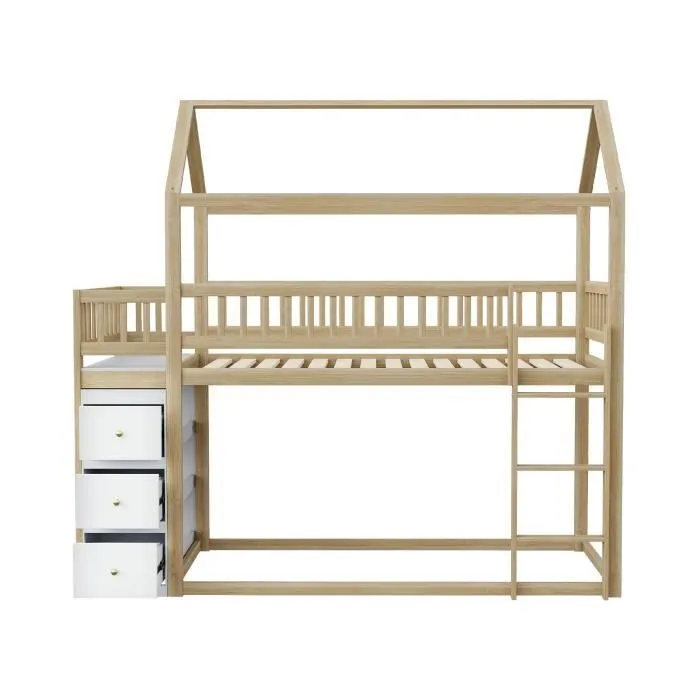 Lit superposé 90x200cm - lit cabane enfant avec 1x sommier à lattes, échelle et étagères de rangements - en bois massif, naturel-2