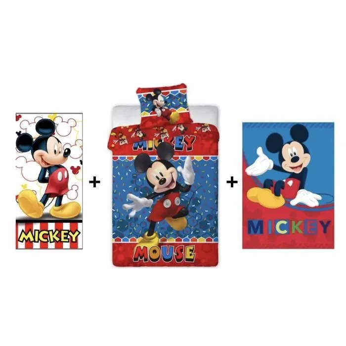 Mickey Disney - Ensemble parure de couette 140 x 200 cm + Plaid 100 x 140 cm + Serviette 70 x 140 cm-0