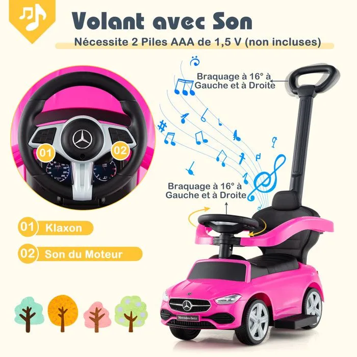 COSTWAY Mercedes Benz 3 en 1 Porteur Enfants avec Canopy Réglable, Barre de Direction, Klaxon, pour 18- 36 Mois, Charge 25kg, Rose-2