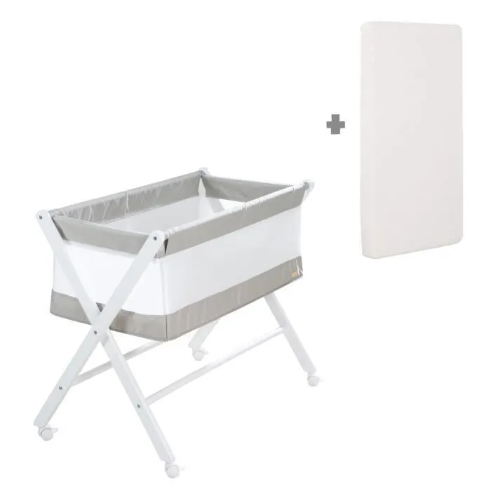 Berceau Cododo Pliable 90 x 45 ROBA en Toile et Maille + Matelas et Roulettes à Freins - Gris / Blanc-2