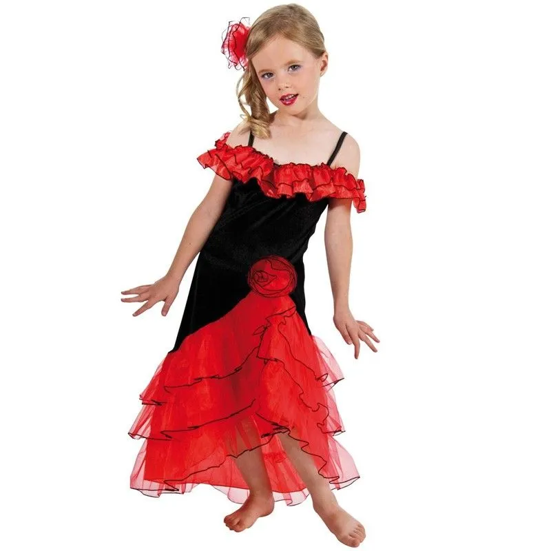 Déguisement Espagnole Fille - CHAKS - Taille 5/6 ans - Robe Rouge et Noire - Accessoire Peigne avec Rose Rouge-0