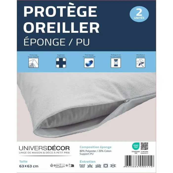 Lot de 2 protège oreiller éponge imperméable absorbant 63 x 63 cm-0