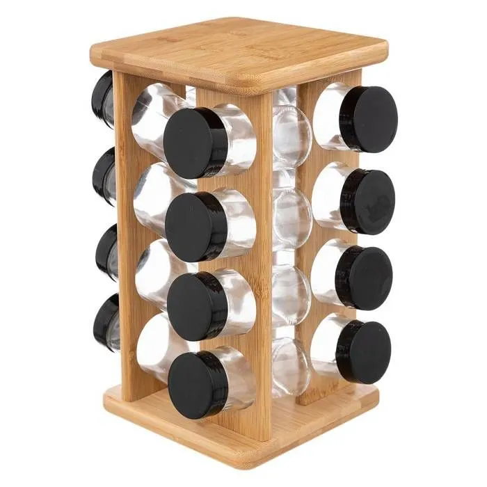 Présentoir tourniquet à 16 pots épices en bambou-0