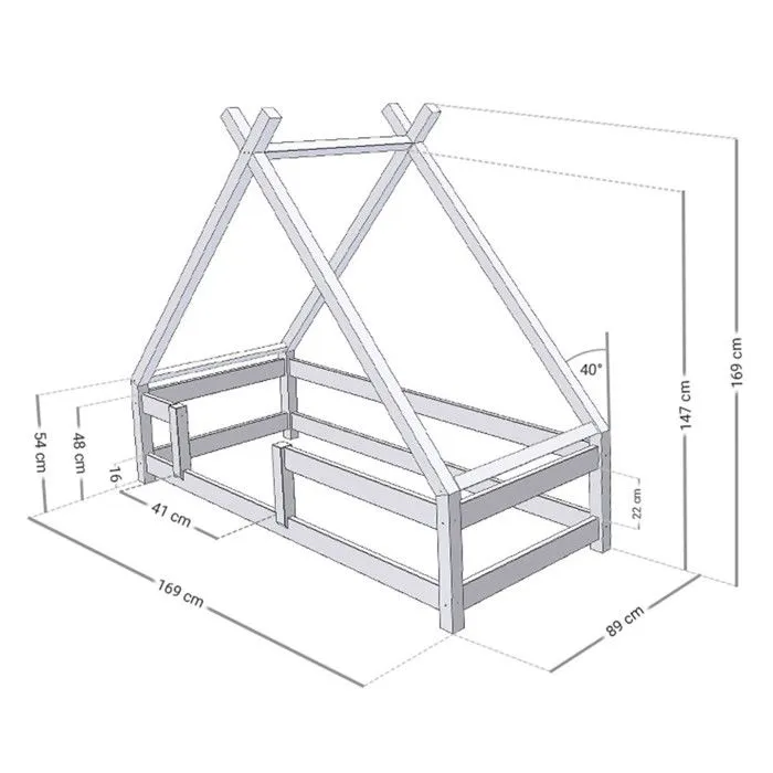 Lit Tipi enfant avec barrière bois massif blanc 80 x 160 cm-2