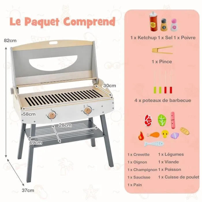 COSTWAY Jouet Barbecue Grill en Bois pour Enfants 3 Ans+, 17 Accessoires, Couvercle Rabattable, Son Réaliste Cadeaux Idéal-2