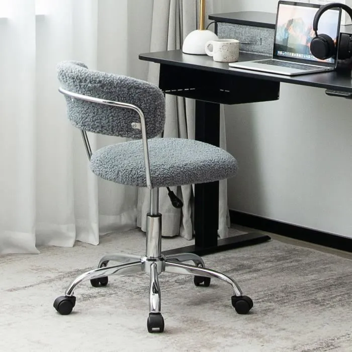 COSTWAY Chaise de Bureau Scandinave, Siège Doux en Poils Synthétiques de Lama,Réglable en Hauteur Gris-1