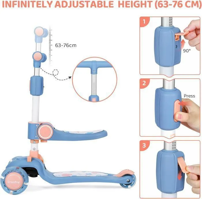 BremToy Trottinette Enfants avec Siège Pivotant à 360°, avec Roues LED, Guidon Réglable en Hauteur, Pliable pour Enfants, Rose-2