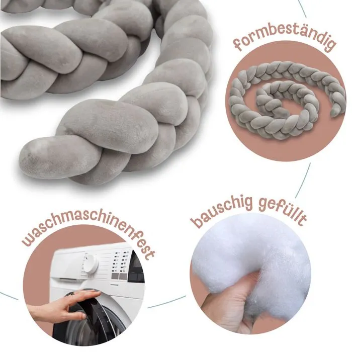 Tour de lit bebe 300 cm - tour de lit tresse bebe fille et les garçon coussin serpent bébé Gris-1