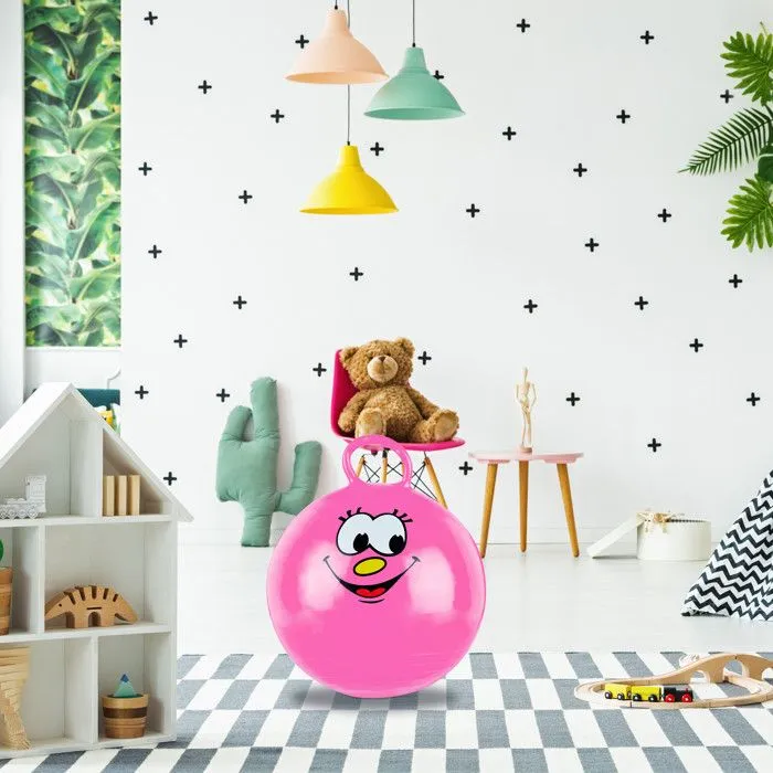 Relaxdays Ballon sauteur enfants, avec visage, poignée, diamètre 45 cm, intérieur et extérieur, jusqu’à 150 kg, rose-1
