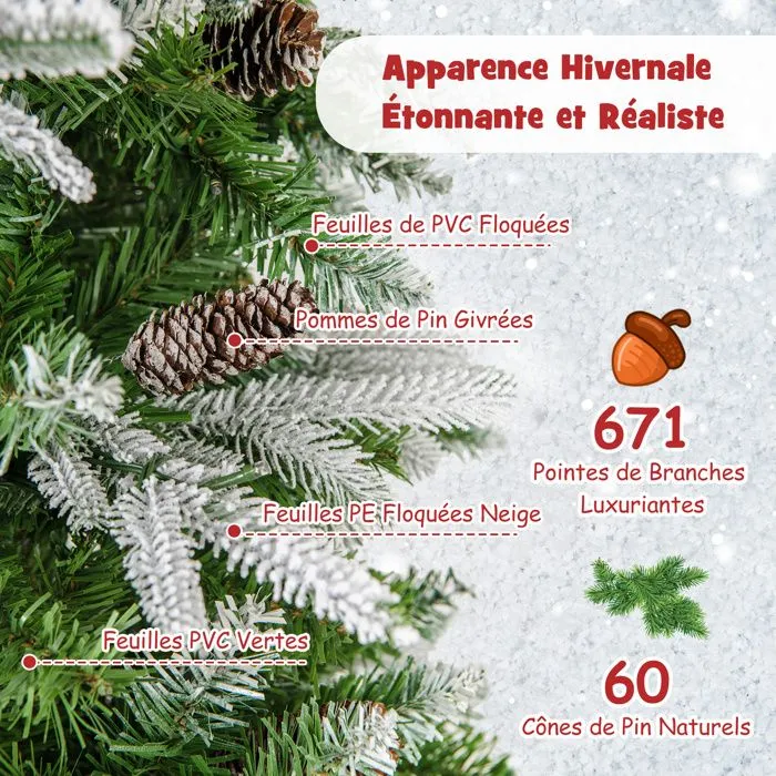 Sapin de Noël Artificiel Floqué de Neige 190CM COSTWAY-280 Lumières LED Blanc Chaud-671 Pointes-60 Pommes de Pin-Forme de Crayon-2
