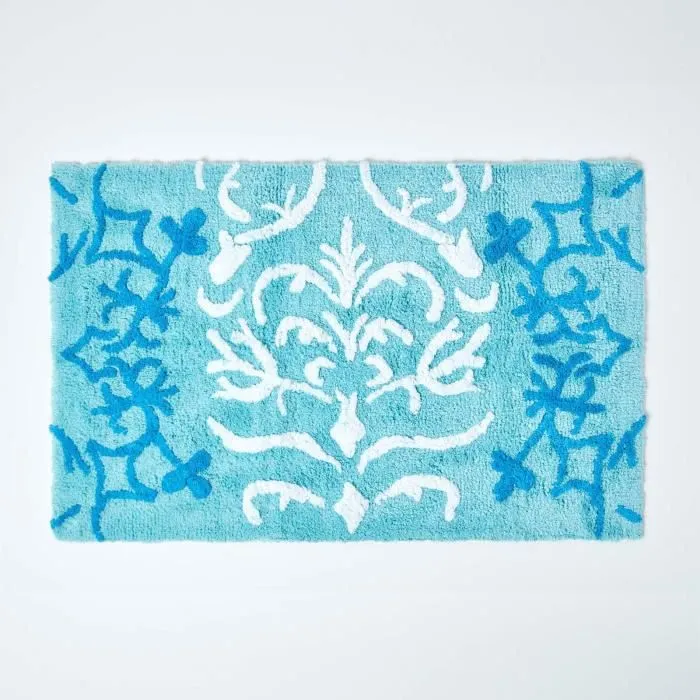 Tapis de bain & contour WC Coton damassé Bleu-1