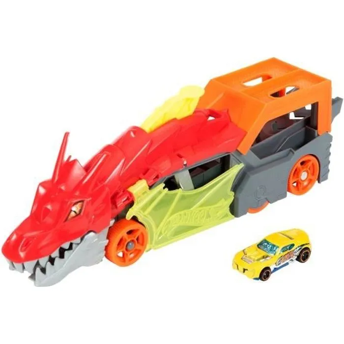 Hot Wheels City - Transporteur Dragon Lanceur 2-en-1 - Camion / Petite voiture - Dès 3 ans GTK42-0