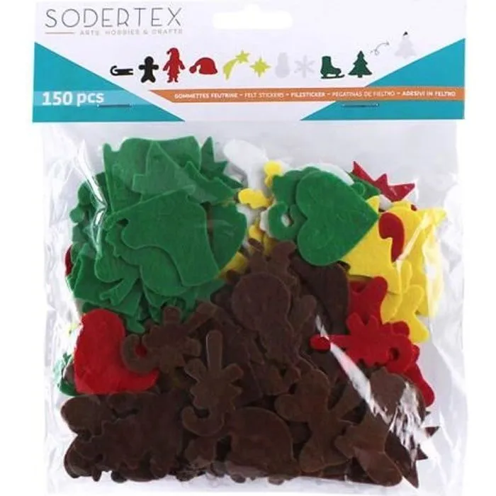 Gommettes en Feutrine Adhésives - Sodertex - Thème Noël - 150 Pièces - 2 Tailles - 5 Couleurs-0