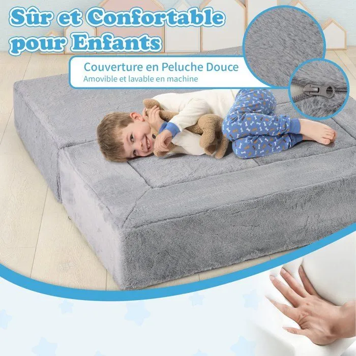 COSTWAY Canapé Modulaire pour Enfants 3 Pièces Convertible en Mousse, Canapé-lit Pliable pour Chambre, Salon, 100 x 52 x 42cm, Gris-2