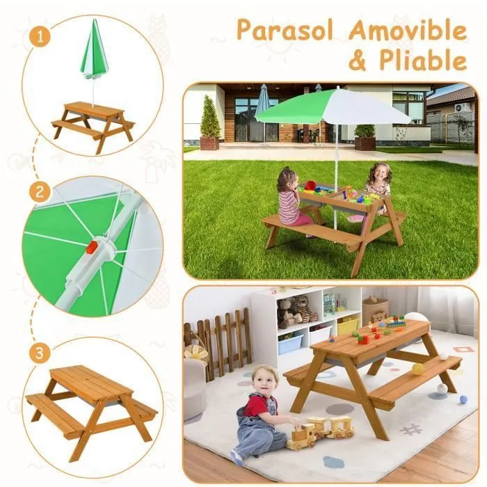 COSTWAY Table et 2 Bancs pour 4 Enfants avec Parasol , 2 Boîtes pour Sable & Eau, Plateau Amovible, 3-7 Ans-3