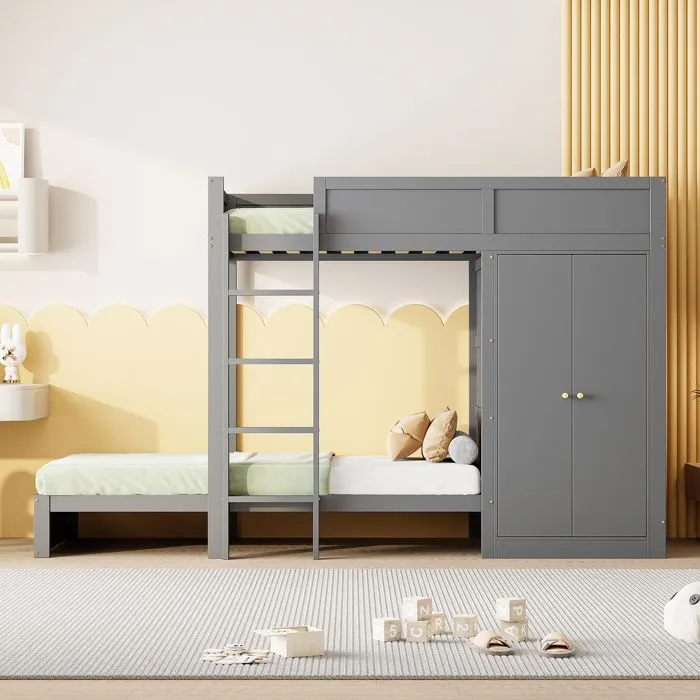 Lit superposé 90x200cm - Gris - Armoire intégrée - 2 places - Bois de pin - Escalier sécurisé-1