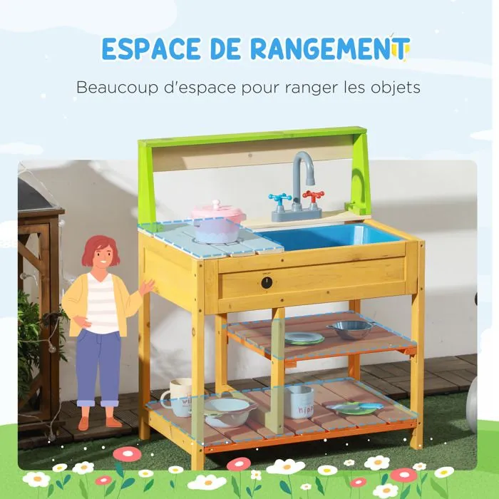 Cuisine extérieure - Outsunny - jeu d'imiation - avec étagères évier et robinet - convient aux enfants de 3 à 8 ans - multicolore-5