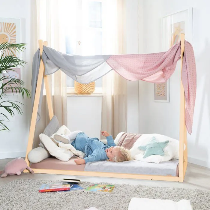 Lit Tipi 70 x 140 cm pour Enfants ROBA - Bambou Certifié FSC - Lit Indien pour Garçon et Fille - Finition Naturelle-1