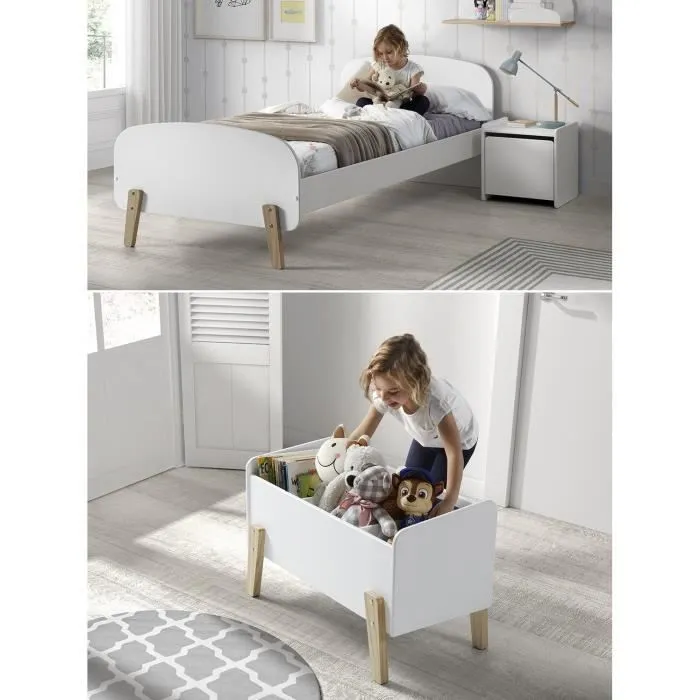 KIDDY Chambre enfant complète style scandinave en bois pin massif et MDF laqué blanc - l 90 x L 200 cm-0