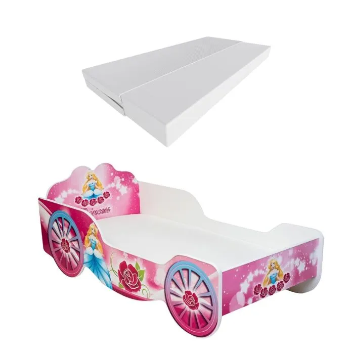 Lit enfant pour filles Voiture Carriage Rose - 70x140 cm + Matelas + sommier-1