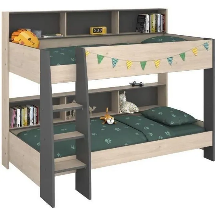PARISOT Lits superposés enfant - Décor Chêne Jackson et Gris Ombre - Sommiers inclus - 2 x 90 x 200 cm - JIM-0