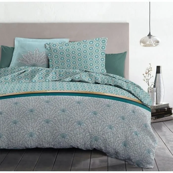 Parure de couette 140x200 cm HOME LINGE PASSION LOUXOR : Housse de couette + 1 taie d'oreiller - 100% Coton 57 Fils - Vert émeraude-1