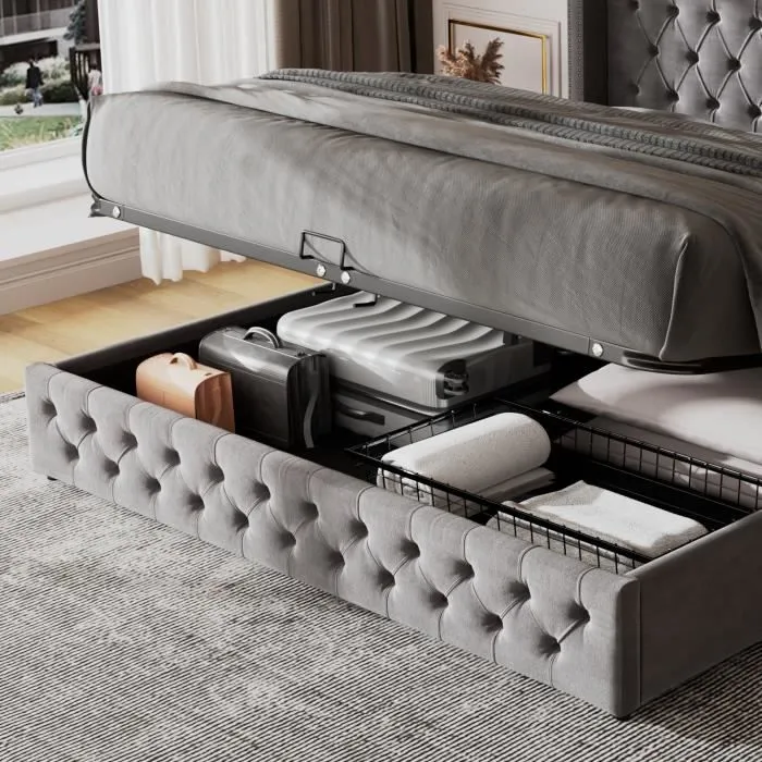 Lit coffre adulte 180 x 200 cm avec sommier, Coffre de rangement, Tissu en flanelle, Finition avec boutons, Style Scandinave, Gris-2