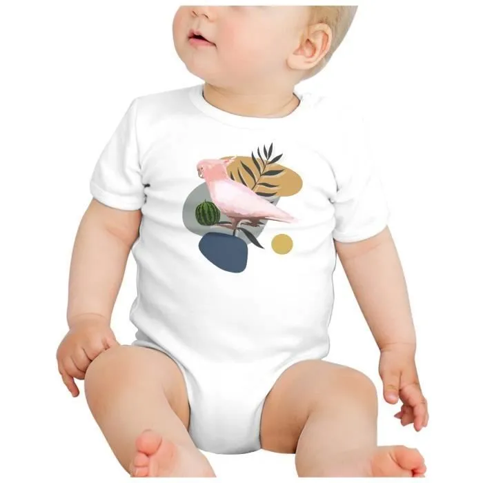 Body Bébé Manche Courte Blanc Cacatoes Oiseau Tropical Exotique Jungle-1