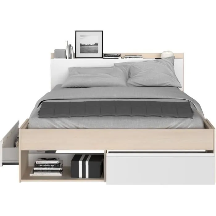 Lit adulte COMBO 160x200 cm - Chêne et blanc- 3 Tiroirs - PARISOT-3