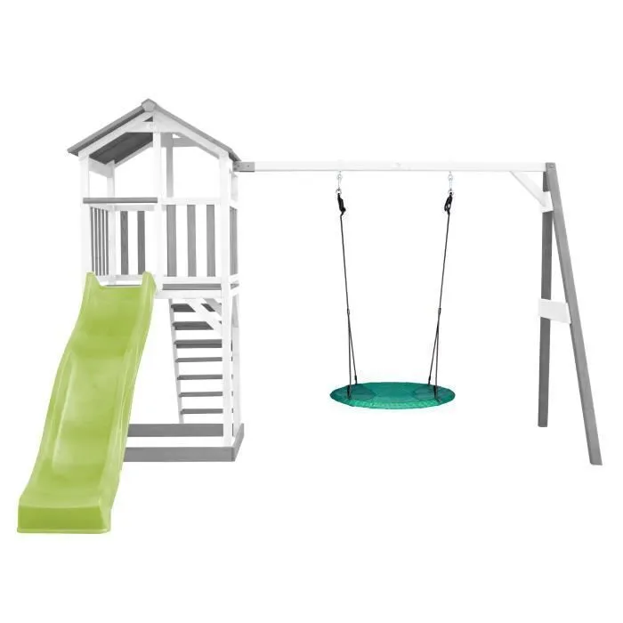 AXI Beach Tower Aire de Jeux avec Toboggan en Vert Clair, Balançoire Nid d'oiseau Vert & Bac à Sable |Grande Maison Enfant extérieur-1