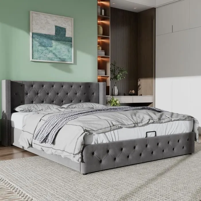 Lit coffre adulte 180 x 200 cm avec sommier, Coffre de rangement, Tissu en flanelle, Finition avec boutons, Style Scandinave, Gris-1