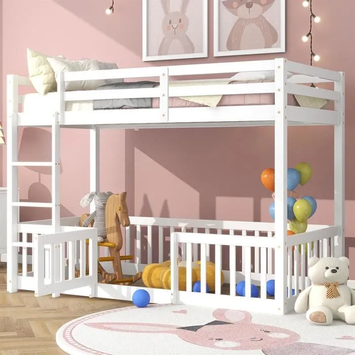 Lit superposé - Enfant - Bois massif - Blanc - 90x200 cm - Sécurisé avec barrière-0