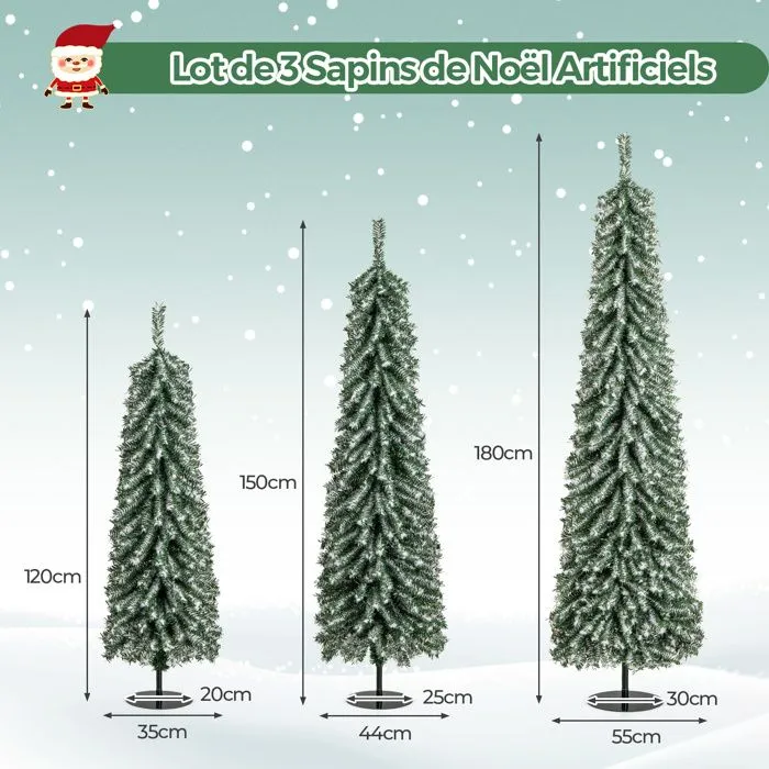 Lot de 3 Sapins de Noël Artificiels COSTWAY-120+150+180 cm-Support Pied-100+120+180 LED-Fausse Neige-216+302+505 Branches-Vert-3