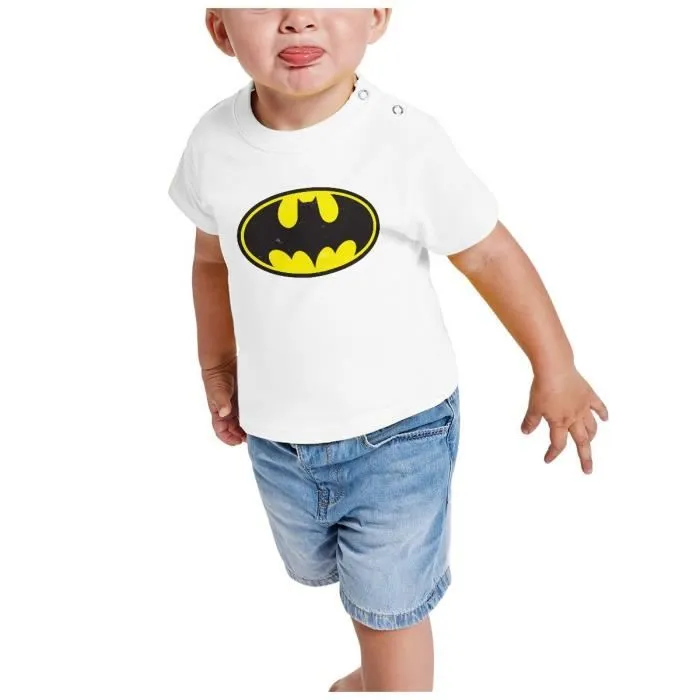T-shirt Bébé Manche Courte Blanc Batman Logo Super Héros BD Film Geek-1