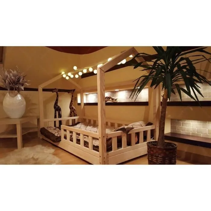 Lit Cabane pour enfants avec barrières - Couleur Bois - 200x160cm - En bois-0