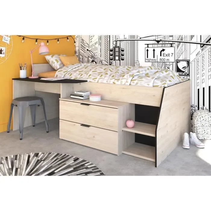 Lit Combiné enfant PARISOT Kim - Chêne Jackson et Noir - 90x190/200 cm-2