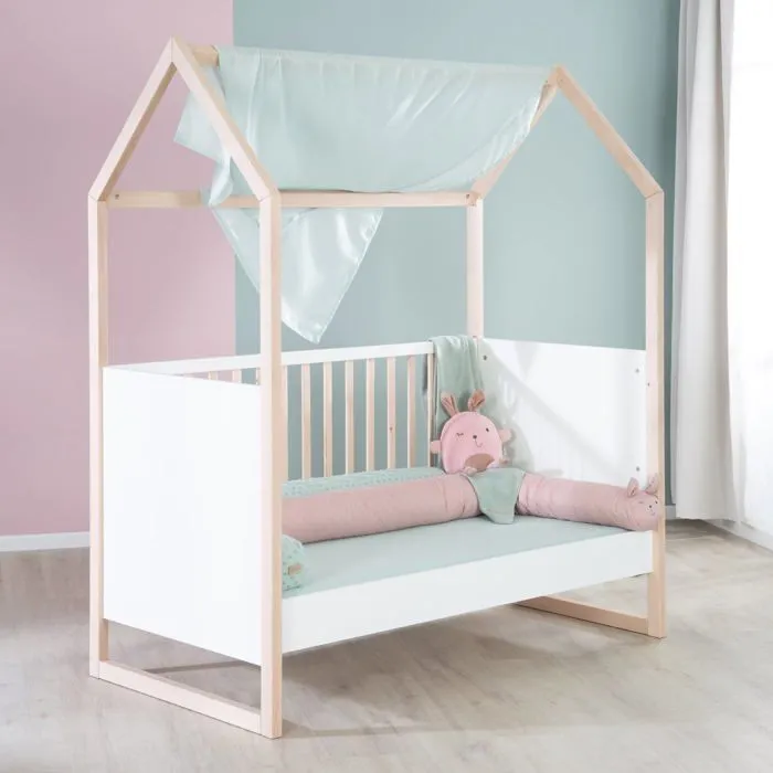 ROBA Lit Bébé Cabane 70 x 140 cm - Convertible + Réglable en Hauteur - Lit Évolutif avec 3 Barreaux Amovibles - Bois Naturel - Blanc-4