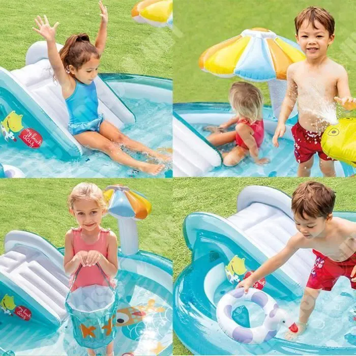 TD® Piscine pour enfant Gonflable -Aire de Jeux aquatique Alligator-Crocodile - 203 x 173 x 89 cm - Bleu et Jaune-1