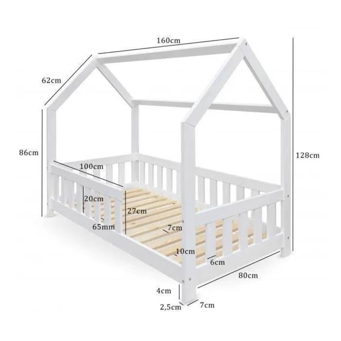 DUBI - Lit cabane pour enfant 80 x 160 cm blanc avec sommier et barrières-2
