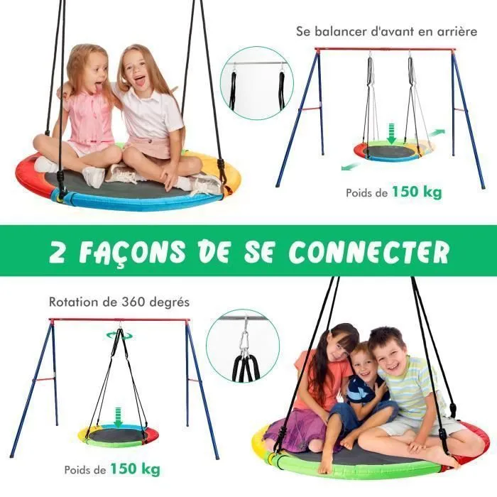 COSTWAY Portique avec Balançoire Nid d'Oiseau Ronde Ø100CM Balançoire Ceinture 1,2m pour Enfant Charge 300KG 2 Méthodes de Fixation-2