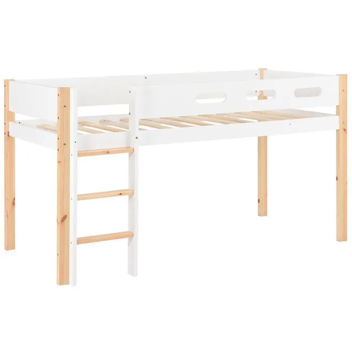 Lit mezzanine 90x200cm, avec armoire mobile, escalier, en bois massif, anti-chute, pin+MDF, naturel+blanc-4