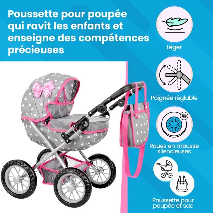Kinderplay Poussette Poupee, Poussette Jouet - Poussette Landeau Bebe pour Poupée, Gondola, Poignée Hauteur 33 - 63 cm, KP0262S-1