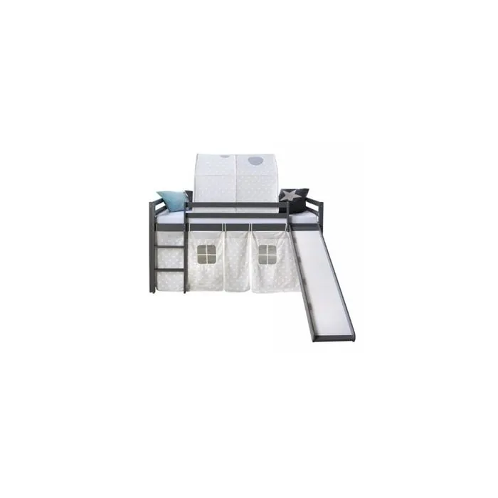 Lit mezzanine gris 90x200 avec toboggan, échelle et tunnel coulissant - HOMESTYLE4U - Enfant - Bois massif-0