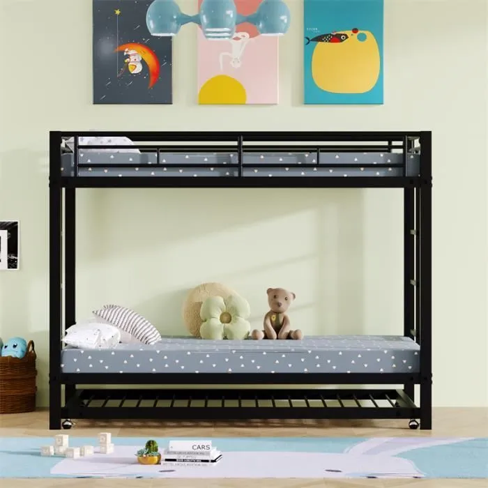 Lit superposé 90x200cm, cadre en fer, avec lit gigogne 90x190cm, sommier à lattes, et 2 échelles, robuste et durable, noir-1